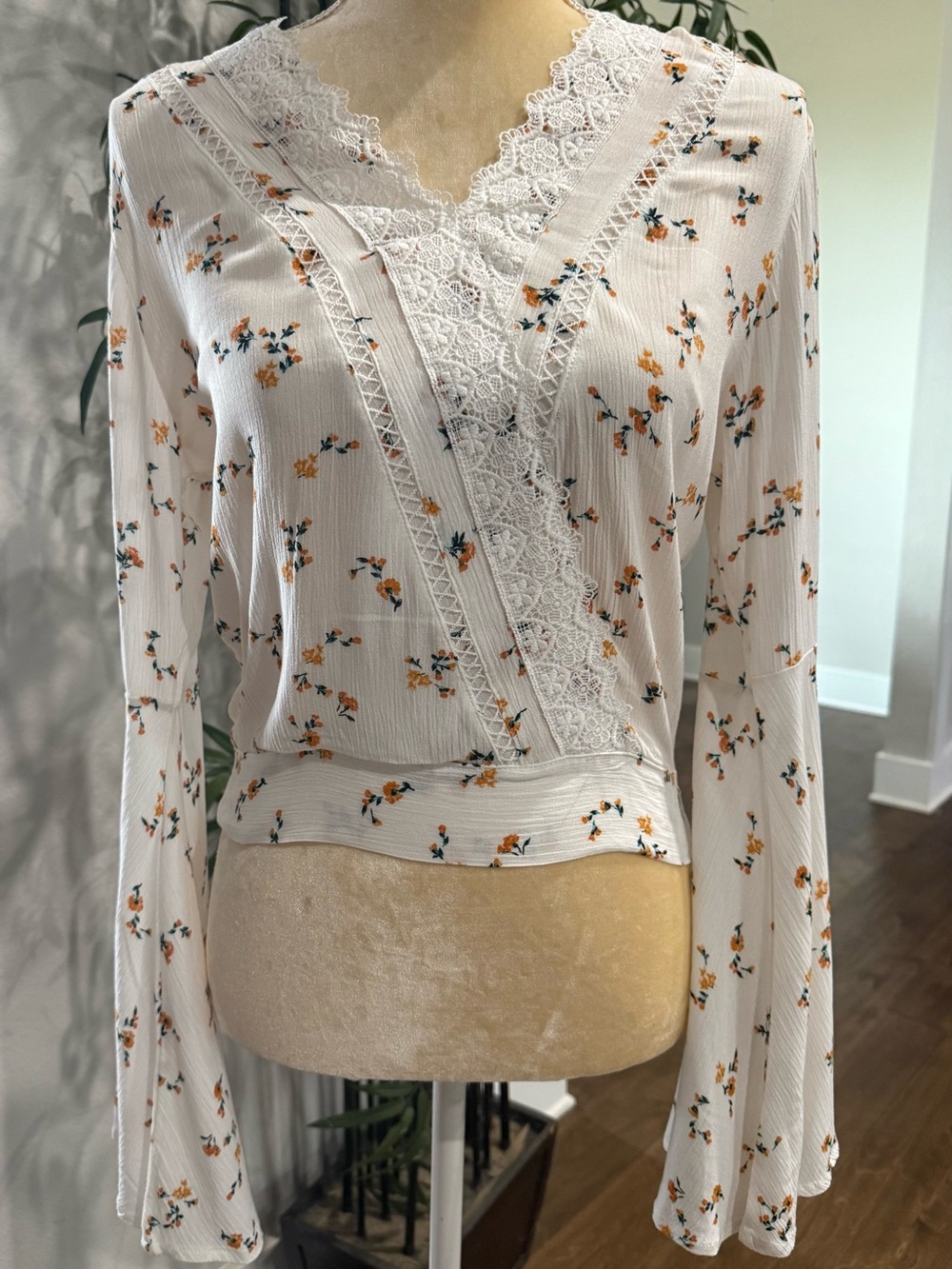 Lace-Trimmed Floral V-Neck Blouse - White with Orange Floral